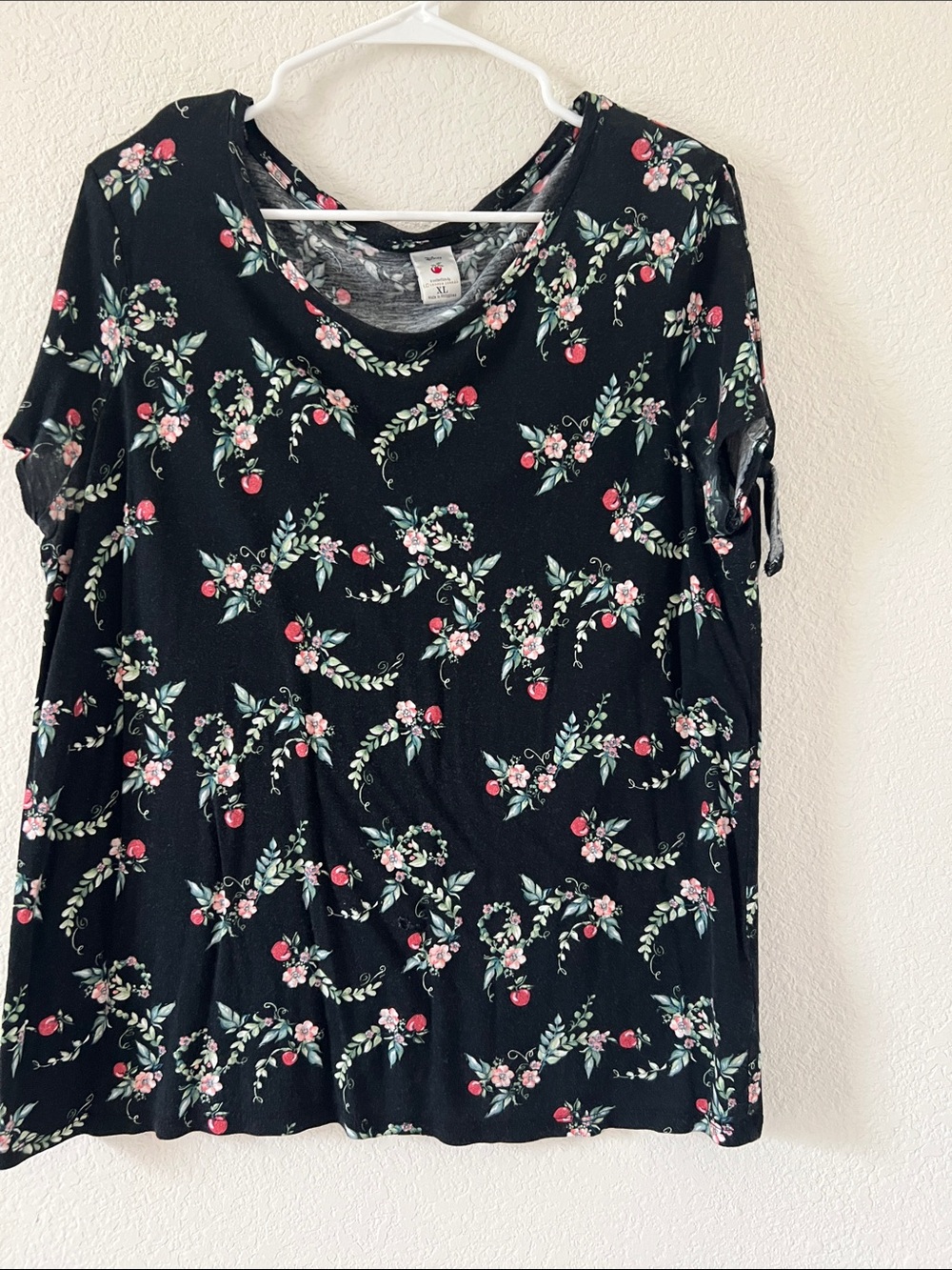 Disney Black Short-Sleeve Tee with Pink Floral & Green Leaf Print